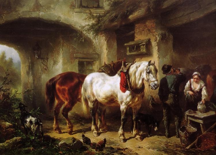 Wouterus Verschuur Paarden en personen op een binnenplaats oil painting image